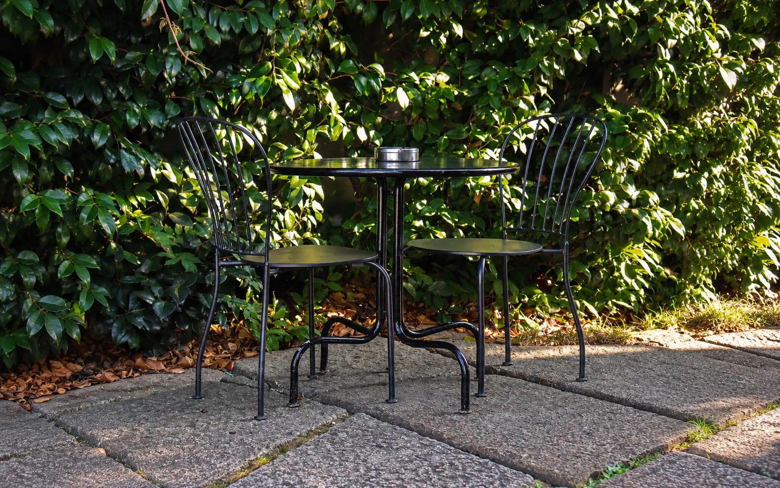 Uma mesa e duas cadeiras de ferro na esplanada, à frente de uma parede de trepadeiras.