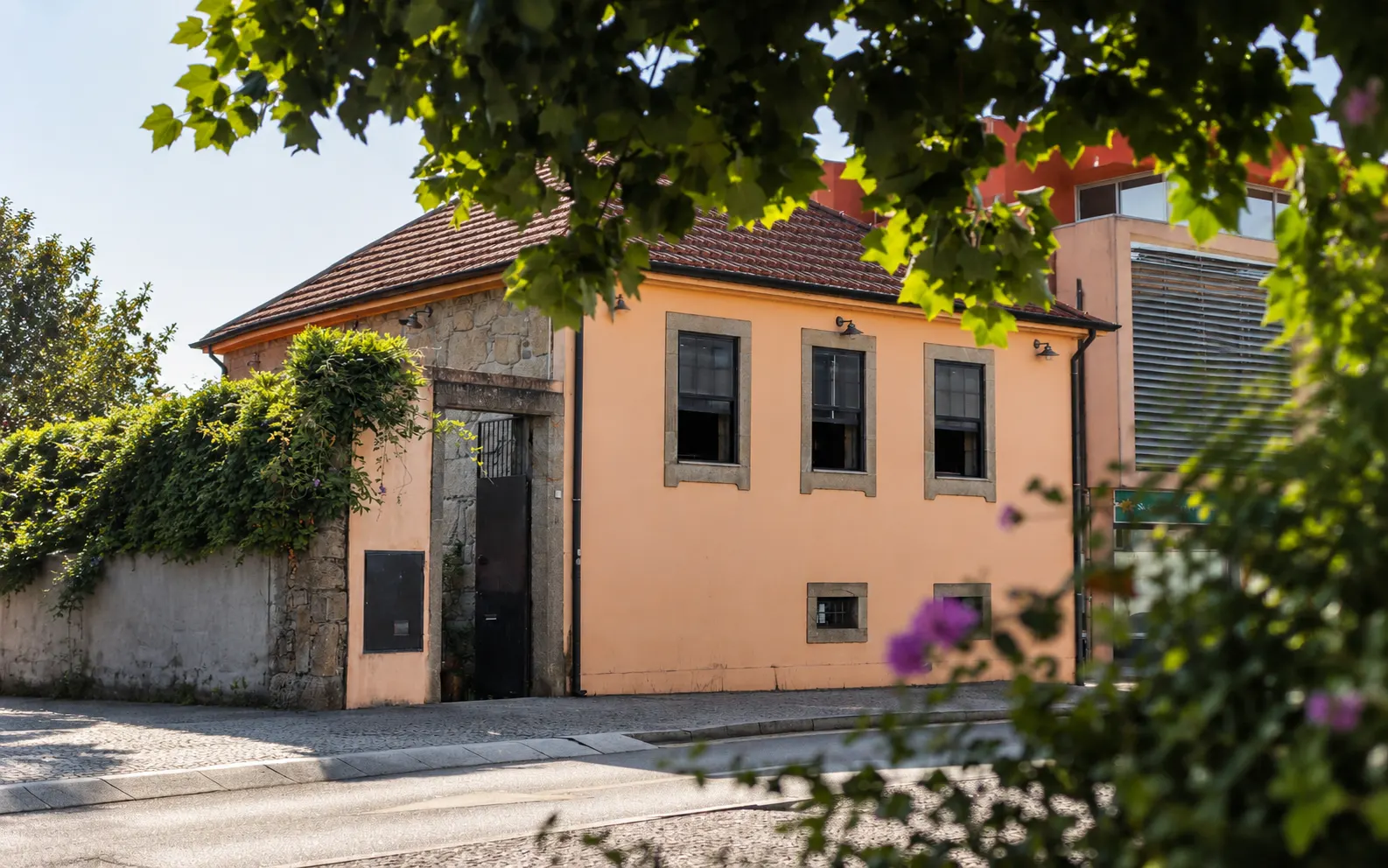 A fachada do Café Preguiça num dia de sol, vista do outro lado da rua por entre as folhas de uma árvore.